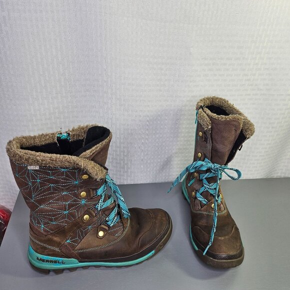Merrell Womens Waterproof Winter lined Boots Size 8 Brown & Teal - Picture 1 of 11